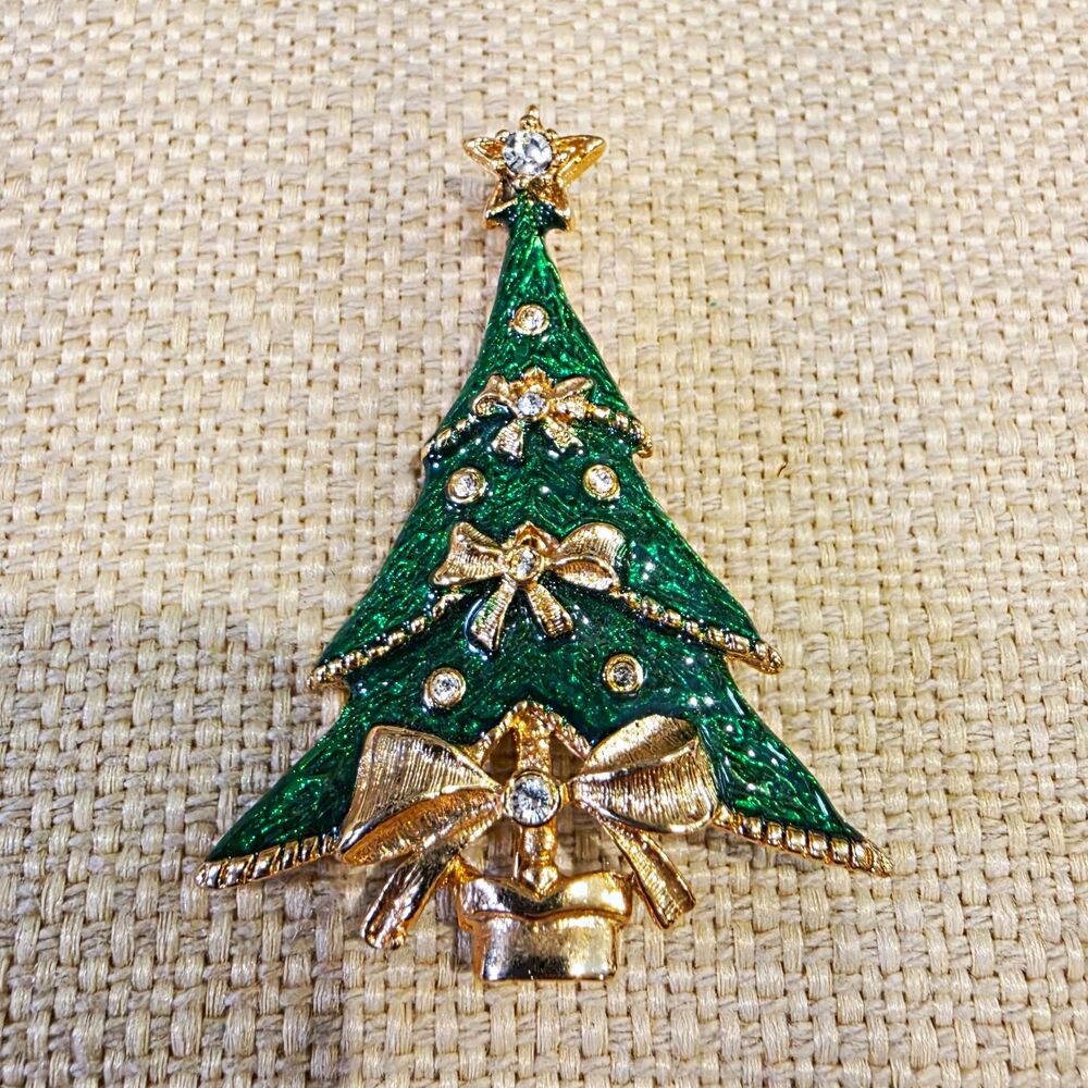 Green Enamel Metal Christmas Tree Brooch Pin Gold Tone Clear Round Rhinestones